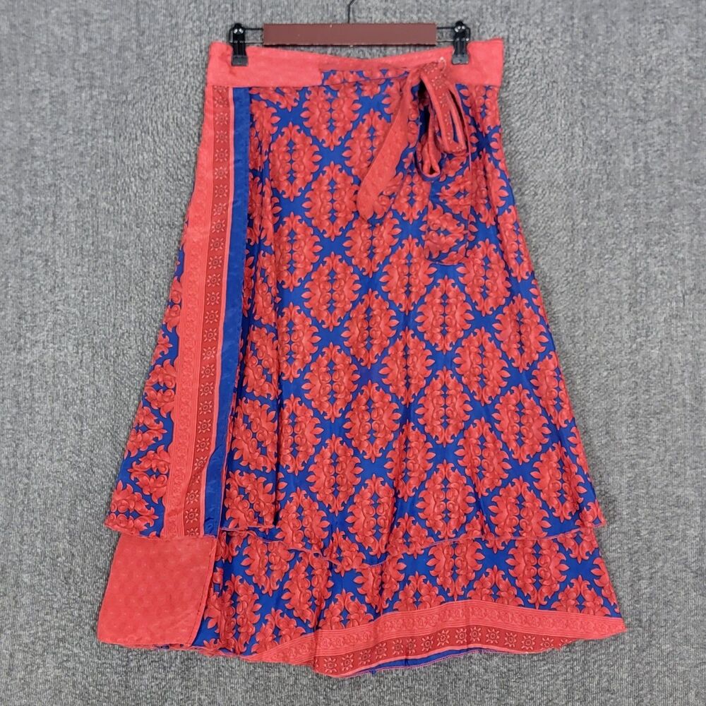 Kariza Designs Midi Wrap Skirt Womens M / One Size Red Blue Floral Silk Blend